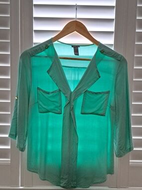Charlotte Russe Teal Tie-Neck Sheer Blouse